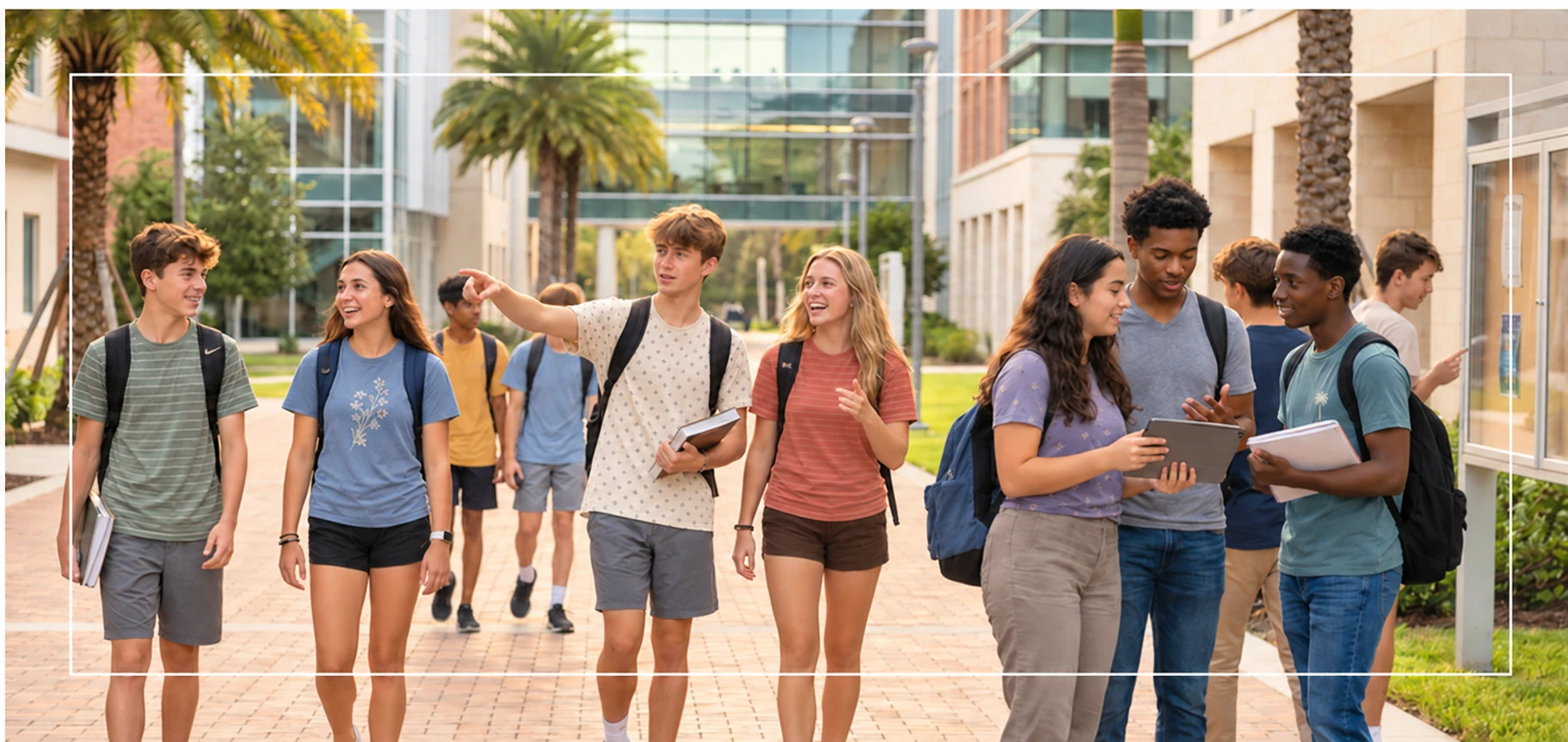 KEF USA students walking together between campus buildings on a warm Orlando afternoon