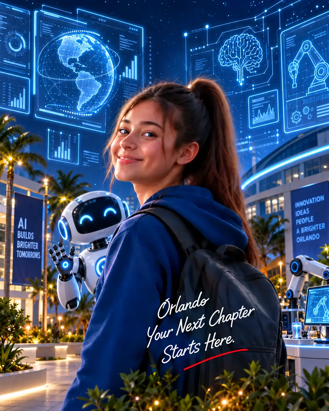 Student with a friendly robot in a futuristic AI environment