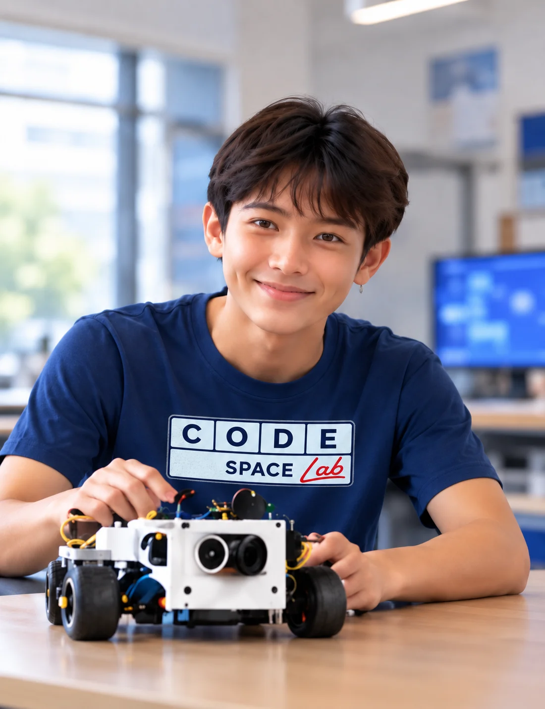 Smiling Level 01 student with a robot car he built, wearing a Code Space Lab shirt