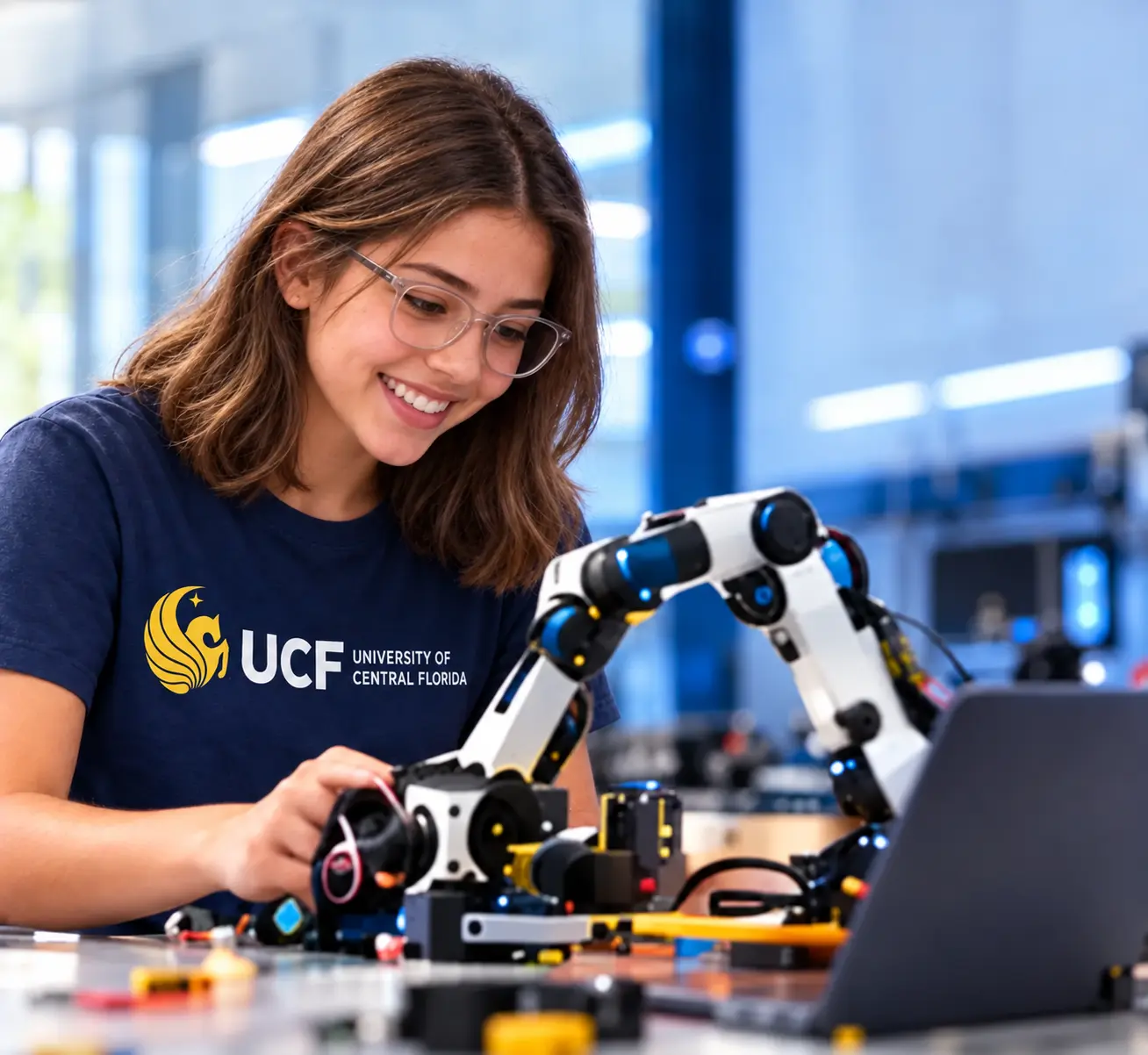 High school student with glasses developing a UCF robotics project