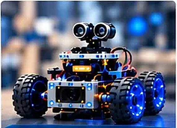 A student-built robot on a workbench