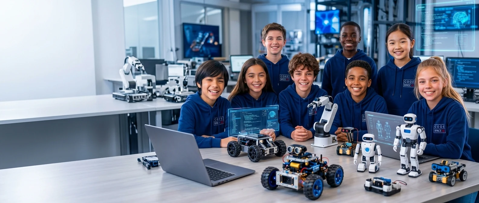 Level 01 students smiling around a bench of self-built robots in a KEF USA robotics lab