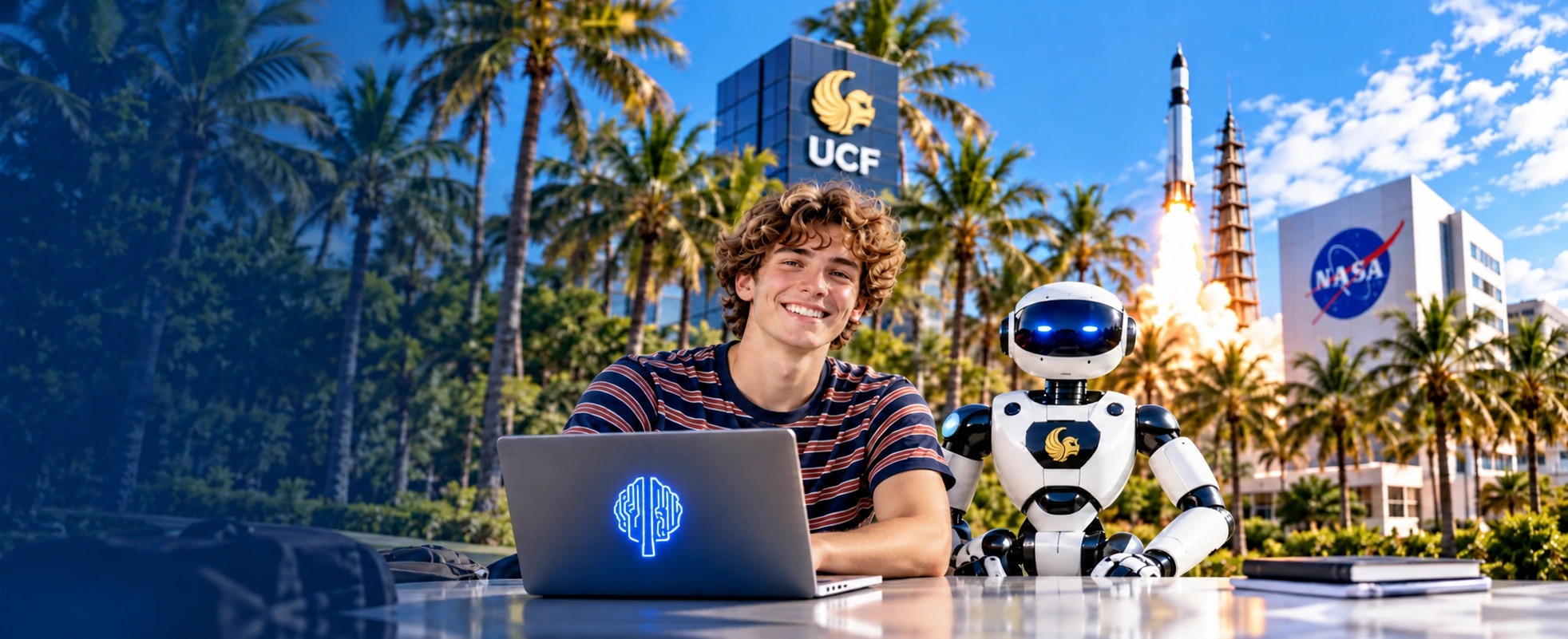 A Level 02 student working on a laptop beside a humanoid robot, with the UCF campus, a rocket launch and the NASA building behind them
