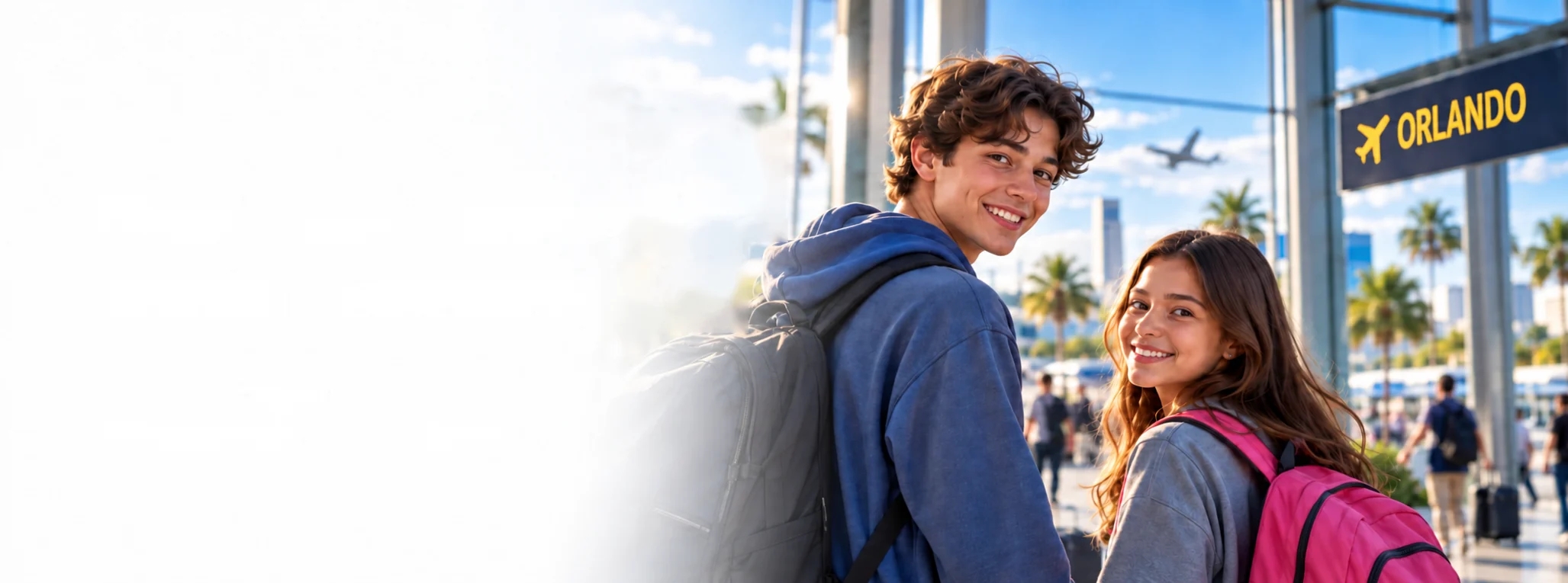 Two students with backpacks smiling at Orlando airport, beneath an Orlando departures sign