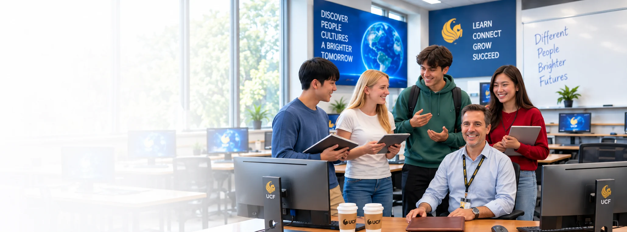 International students and their instructor talking around a desk in a UCF classroom