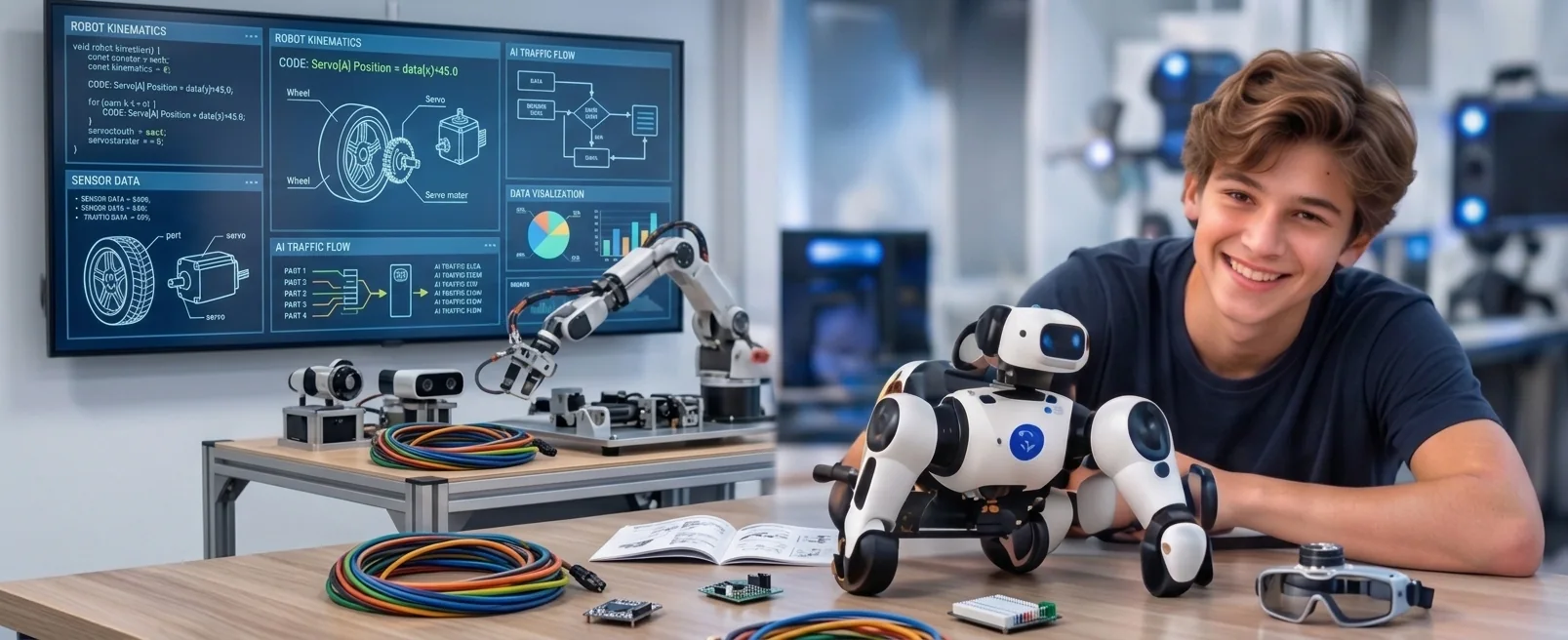 Student working with a robot and live sensor data in the KEF USA robotics lab
