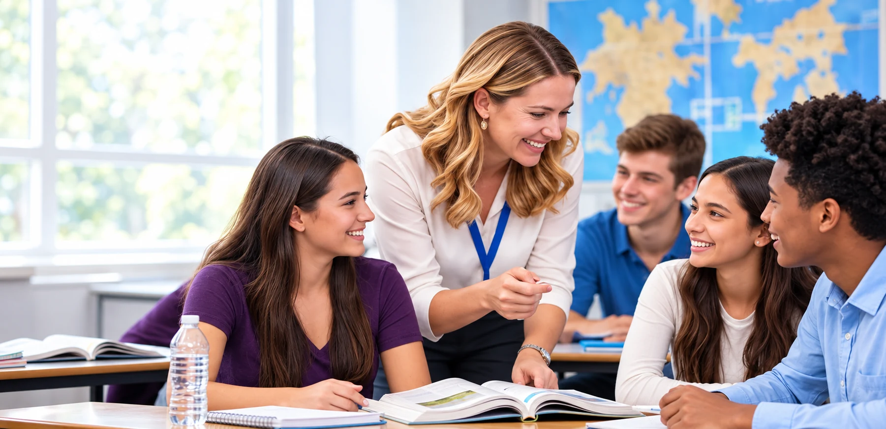 An English instructor helping students around a classroom table, with a world map behind them