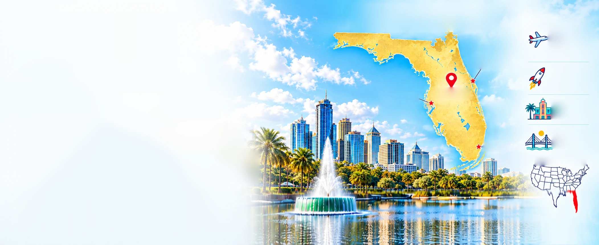 Downtown Orlando across Lake Eola with a map of Florida marking Orlando, NASA Kennedy Space Center, Tampa and Miami