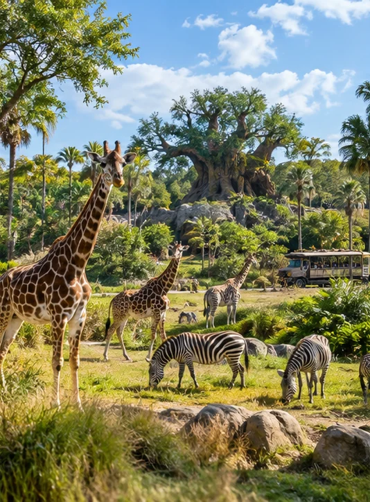 Giraffes and zebras on the savanna at Disney’s Animal Kingdom