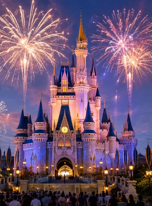 Cinderella Castle with fireworks at Walt Disney World