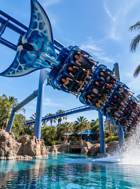 The Manta roller coaster over the water at SeaWorld Orlando